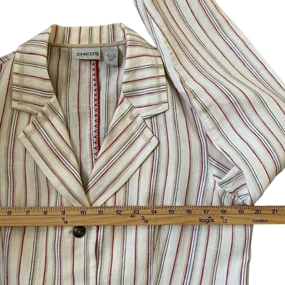 Chicos 100% Linen Blazer Size M Striped Cream Long Sleeve Relaxed Coastal Scandi - Picture 4 of 9